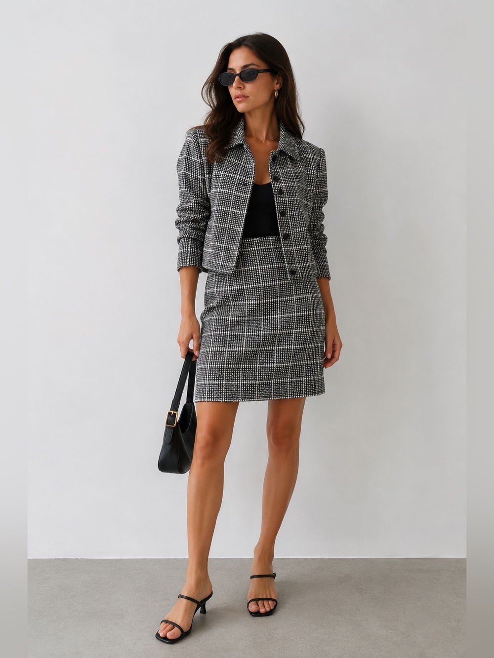 Classic Black & White Plaid Tweed Skirt Set — Tailored Two-Piece